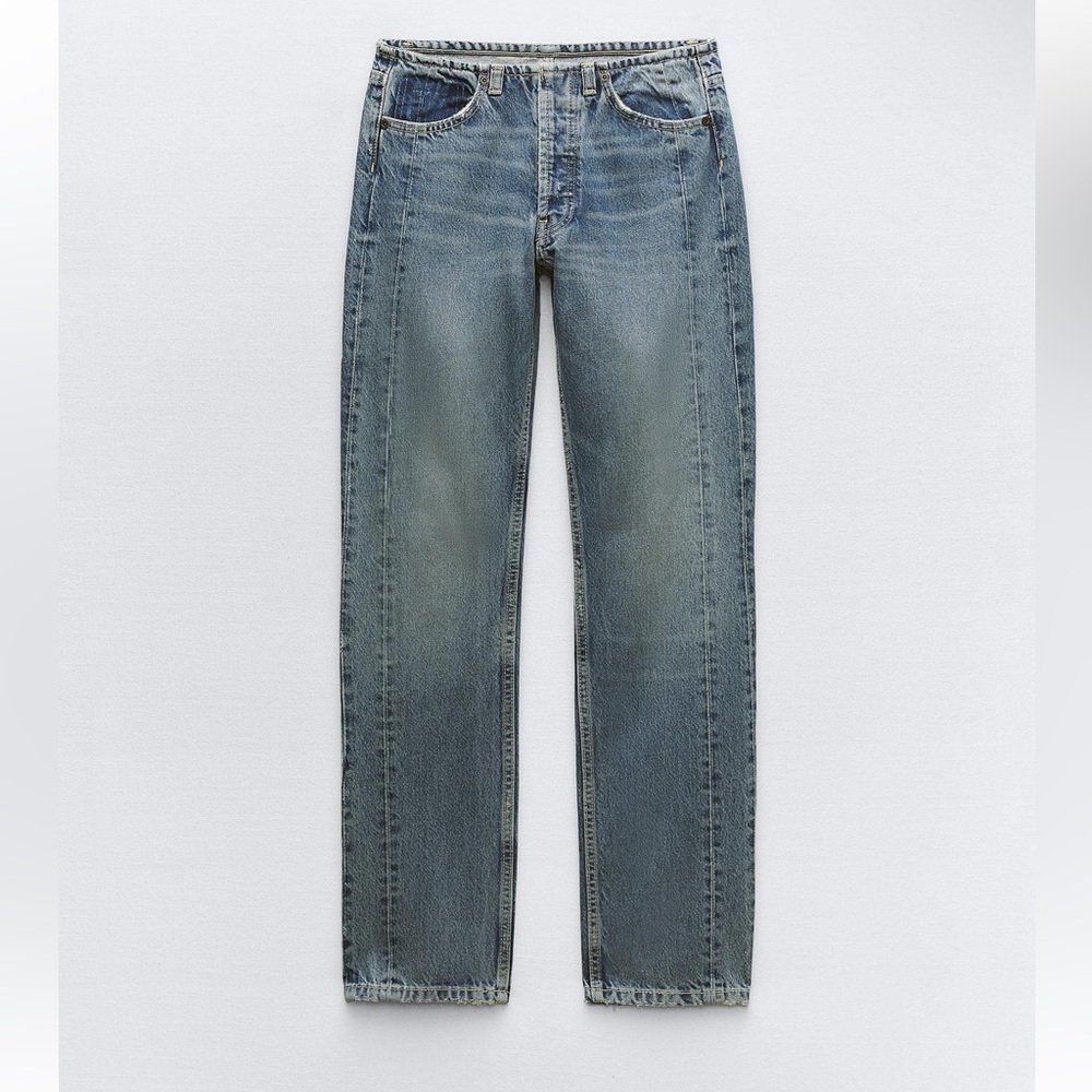 NWT ZARA EXTRA LONG MID-RISE TRF STRAIGHT LEG METALLIC JEANS